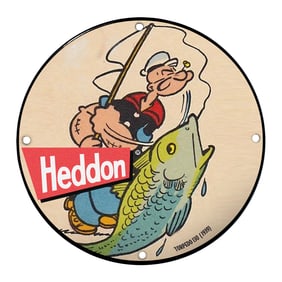Popeye Fishing with Heddon Porcelain Sign - Colorful Whimsical Design