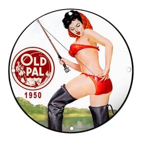 Captivating 1950 Old Pal Fishing Art Sign Featuring a Daring Pin-Up Model