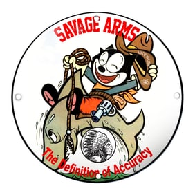 Savage Arms Porcelain Sign Featuring Playful Cartoon Character and Iconic Imagery