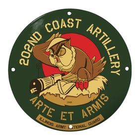 202nd Coast Artillery Porcelain Sign Featuring Bold Owl and Military Insignia