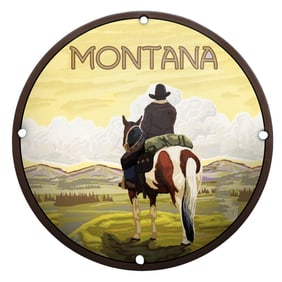 Captivating Montana Landscape Porcelain Sign Featuring Equestrian Adventure