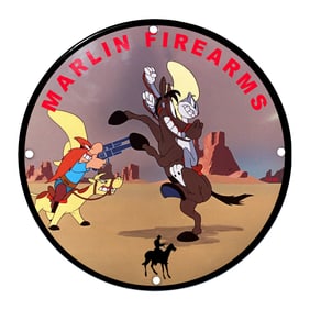 Vibrant Marlin Firearms Porcelain Sign with Cartoon Cowboy and Fun Imagery