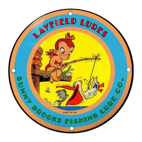 Charming Layfield Lures Porcelain Sign with Cheerful Baby Fisherman and Pelican Artwork