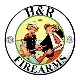 Vintage H&R Firearms Porcelain Sign Featuring Classic Cartoon Characters (1959)