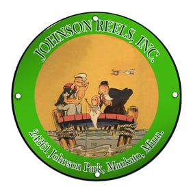 Captivating Porcelain Sign Featuring Playful Characters at Johnson Reels, Inc.