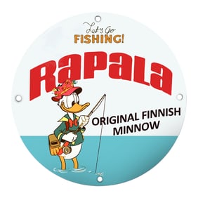 Rapala Fishing Sign Featuring Playful Fishing Duck in Vivid Colors
