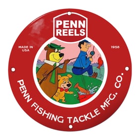 Vintage Penn Fishing Tackle Co. Sign Featuring Iconic Cartoon Characters 1958