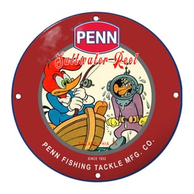 Vibrant Penn Saltwater Reel Porcelain Sign Featuring Iconic Cartoon Imagery