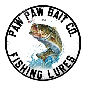 Vibrant Porcelain Sign Featuring Paw Paw Bait Co. with Majestic Large Mouth Bass Design