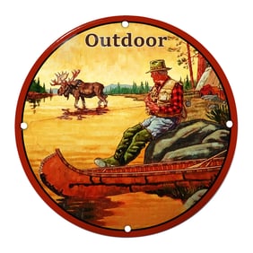 Scenic Porcelain Sign Featuring Fisherman and Majestic Moose in Nature's Splendor