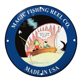 Whimsical Magic Fishing Reel Co. Porcelain Sign Featuring Fishing Ducks and a Giant Shark