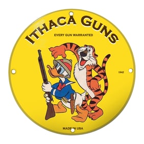 Vibrant Ithaca Guns Porcelain Sign Featuring Iconic Characters - 1942 Design