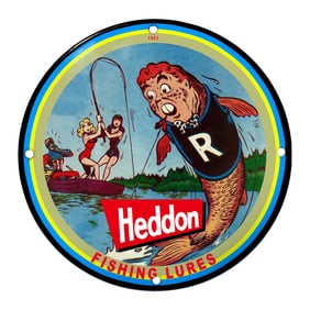 Whimsical Heddon Fishing Lures Porcelain Sign with Colorful Cartoon Design