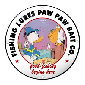 Vintage Fishing Lures Paw Paw Bait Co. Sign Featuring Cartoon Characters