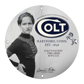 Iconic Colt Firearms Porcelain Sign Featuring Bonnie Parker - Vintage Design Elements