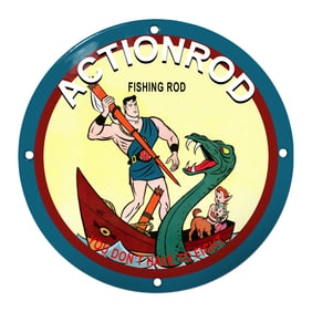 Dynamic Actionrod Fishing Rod Sign with Fearless Hero and Sea Creature Imagery