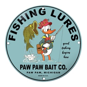 Vintage Paw Paw Bait Co. Fishing Lures Sign with Animated Duck and Fish Imagery