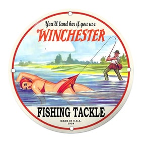 Vintage Winchester Fishing Tackle Porcelain Sign with Captivating Artwork