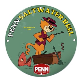 Charming 1961 Penn Saltwater Reel Porcelain Sign Featuring Playful Fishing Cat