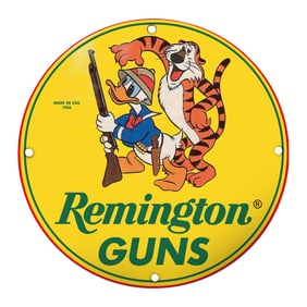 Colorful Remington Guns Porcelain Sign Featuring Iconic Cartoon Characters