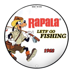 Vintage Rapala Fishing Sign Featuring Iconic Goofy Character - 1962 Fun Design