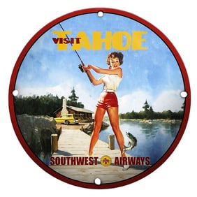 Charming Porcelain Sign: 'Visit Tahoe' with Vintage Fishing Scene