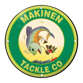 Vintage Makinen Tackle Co. Porcelain Sign Featuring Playful Fishing Scene (1943)