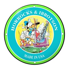 Vibrant Porcelain Sign Featuring Donald Duck and the Ducklings - Horrocks & Ibbotson 1959