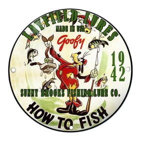 Vintage Goofy Porcelain Sign: Layfield Lures - Vintage Fishing Art, 1942
