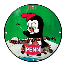 Charming 1947 Penn Fishing Tackle Co. Porcelain Sign Featuring an Adorable Penguin