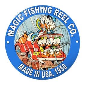 Vibrant 1950s Magic Fishing Reel Co. Porcelain Sign Featuring Ducklings Adventure