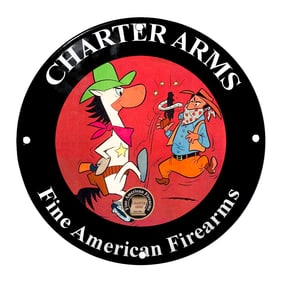 Charming Charter Arms Porcelain Sign Featuring Animated Wild West Theme