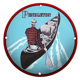 Vivid Porcelain Sign Featuring Classic Pendleton Canoe Adventure