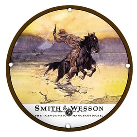 Dynamic Smith & Wesson Horseman Porcelain Sign Featuring Dramatic Western Imagery