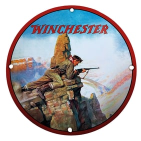 Captivating Winchester Sign with Adventurous Hunter and Vibrant Landscape
