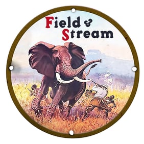 Dramatic Porcelain Sign Featuring Majestic Elephants and Adventurous Hunters