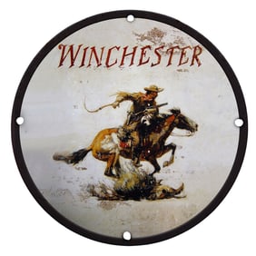 Dynamic Winchester Porcelain Sign: Equestrian Adventure and Western Heritage
