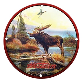 Majestic Moose Scene Porcelain Sign Featuring Western Ammunition Design