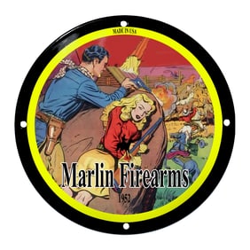 Dynamic Marlin Firearms Sign Featuring Bold Action Scene and Vivid Colors