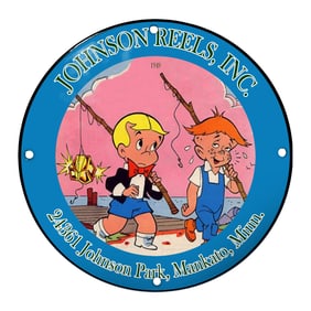 Charming Johnson Reels Sign with Playful Young Fishermen and Bold Colors