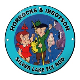 Whimsical Porcelain Sign Featuring Horrocks & Ibbotson's Silver Lake Fly Rod Design
