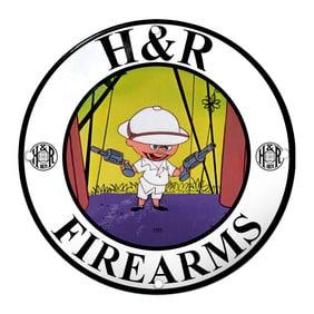 H&R Firearms Porcelain Sign Featuring Iconic Cartoon Character ? 1955 Design