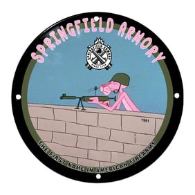 Springfield Armory Porcelain Sign Featuring Pink Panther in Combat Gear