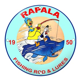 Playful Porcelain Sign Featuring Rapala Fishing Rod & Lures with Cartoon Characters