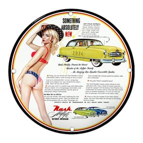 Vintage Nash Rambler Advertisement Sign Featuring Stunning Pin-Up Art and Classic Car Design