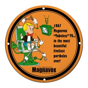 Vibrant 1967 Magnavox Tubeless TV Porcelain Sign with Charming Cartoon Imagery