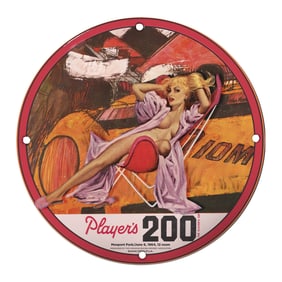 Vividly Illustrated 'Player's 200' Porcelain Sign with Captivating Woman and Race Car