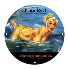 Vintage Penn Reel Porcelain Sign Featuring a Glamorous Swimmer Design