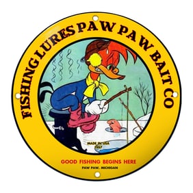 Vintage Fishing Lures Paw Paw Bait Co Porcelain Sign Featuring Woodpecker in Snowy Scene