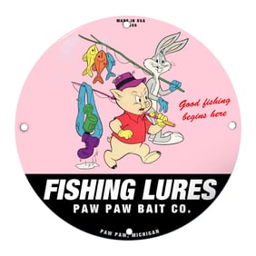 Vintage Cartoon Fishing Lures Sign Featuring Bugs Bunny and Porky Pig